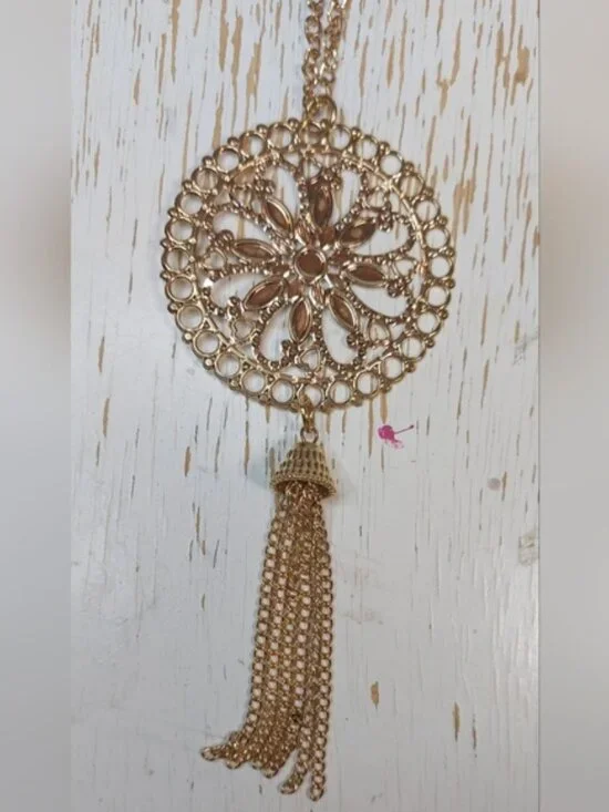 Single Gold Chain Long Necklace with Gold Sun Medallion Pendant & Tassel - Picture 2 of 4